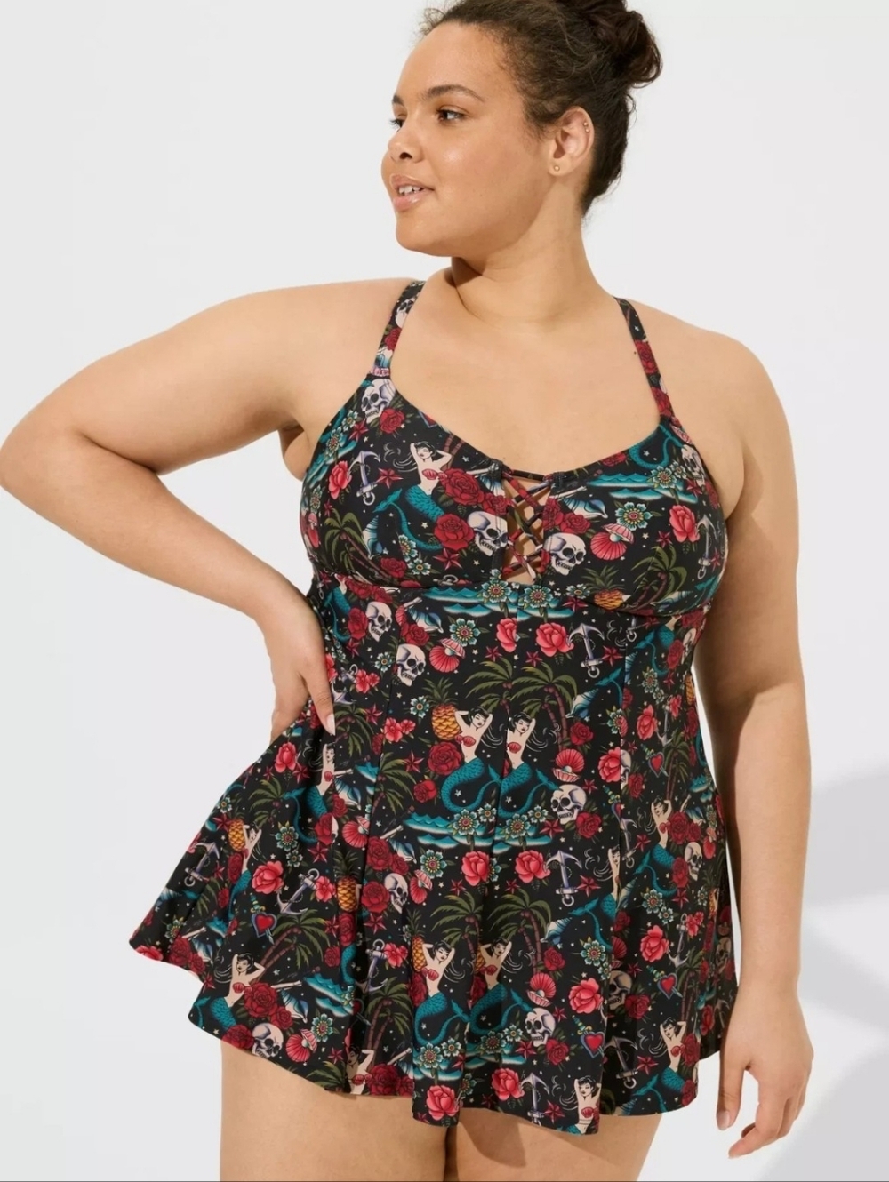 Torrid NWT Plus-Size Black Sailor Jerry Tattoo Print Swimdress 4x 24/26